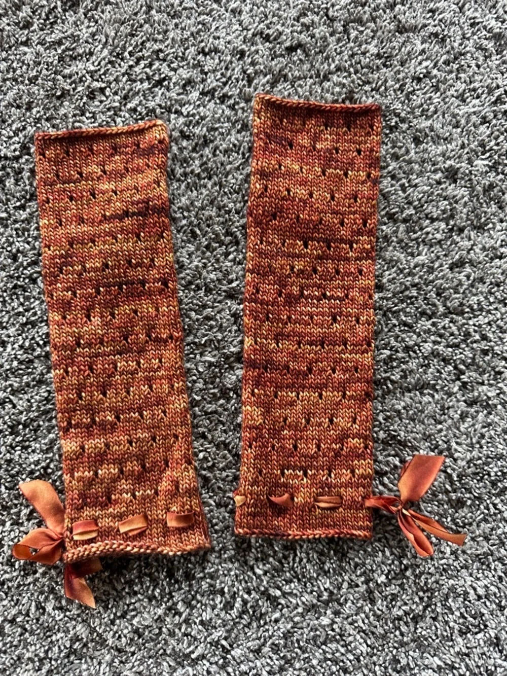 Hand-Knit Rust Orange Fingerless Gloves with Ribbon Detail